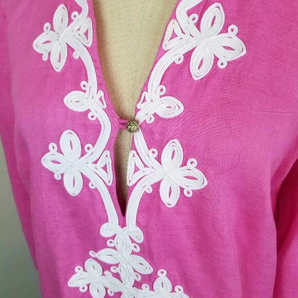 Hot Pink 3/4 Sleeve Linen Tunic Blouse with White Braid Detail Size Large - Picture 3 of 7